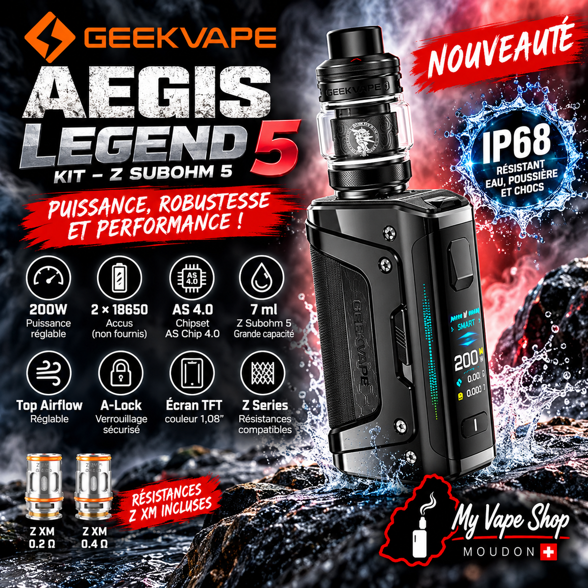 Boîte du kit Aegis Legend 5 Geekvape 200W avec réservoir 7 ml